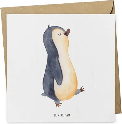 Produktbild von Mr. & Mrs. Panda Grußkarte Pinguin marschieren - Weiß - Geschenk, Glückwunschkarte, faltkarte, anlasskarte, Bruder, Zufrieden, Stolz, Pinguine, Familie, Klappkarte