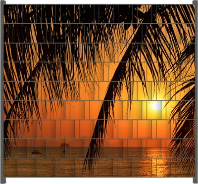 Produktbild von Wallario Zaunsichtschutz mit Motiv Sonnenuntergang unter Palmenblättern für Ein- und Doppelstabmatten Zäune in der Größe 200 x 180 cm