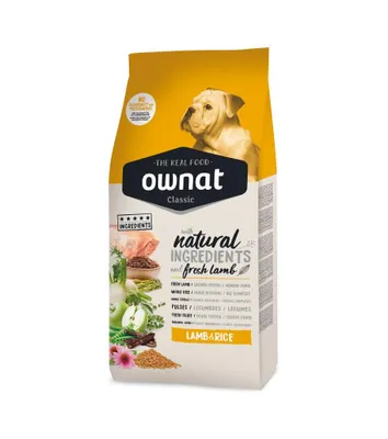 A bag of dog food with a picture of a dog and ingredients.