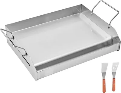 Produktbild von SucceBuy Grillplatte aus Edelstahl, rechteckige Platte (425x270mm) mit glatter Oberfläche, Gasgrill-Zubehör für BBQ und Teppanyaki, tragbares Kochgeschirr mit Griff für den Familiengebrauch