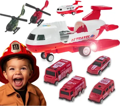Produktbild von Rettungsflugzeug - Kinderspielzeug - Feuerwehrset - Transporter mit 4 Autos und 2 Hubschraubern