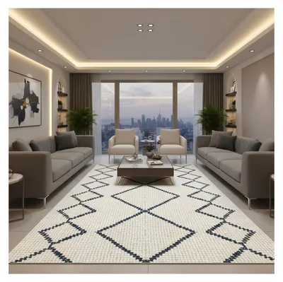 Produktbild von Moderner skandinavischer Teppich in Creme und Blau – Digitaldruck, waschbar, rutschfest – Wohnzimmer, Schlafzimmer, 7 mm 200 x 290 cm