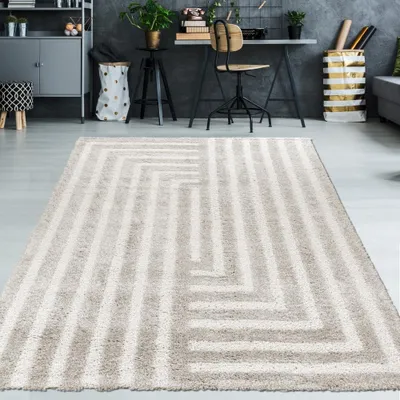 Zdjęcie produktu dla Miękki dywan z wysokim włosiem i wzorem w linie Przytulny i nowoczesny w kolorze beżowym Rozmiar - 240 x 340 cm