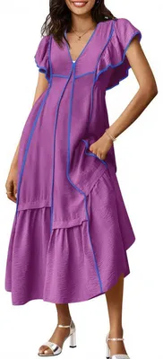 Produktbild von Langes Damenkleid, V-Ausschnitt, Rüschenärmel, farblich abgesetztes Design