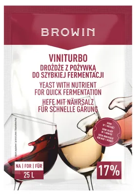 Packaging for wine yeast with images of red and white wine glasses.
