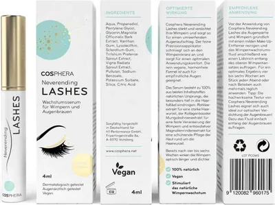 Produktbild von Cosphera Neverending Lashes | 4 ml | Wachstumsserum für Wimpern und Augenbrauen | hormonfrei | vegan