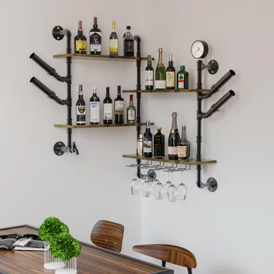 Immagine prodotto di FATIVO Scaffale per vino da parete e angolare – Portabottiglie con ripiani e portabicchieri, design industriale, per cucina, bar e casa