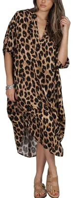 Image de Pyjama en jersey imprimé, style décontracté, motif léopard marron
