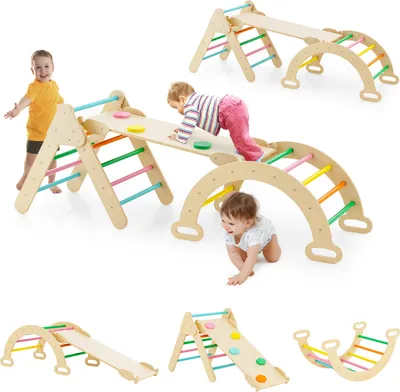 Produktbild von GOPLUS Klettergerüst Indoor, 4 in 1 Kletterdreieck & Kletterbogen & Leiter, Sprossendreieck Spielplatz zum Klettern, Wippen, Kletterdreieck ab 1 Jahre