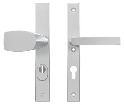 Produktbild von AXA Sicherheits Türbeschläge set - Edge Plus Smal - Türklinken mit Langschild - PC72 mit Kernziehschutz - Kruk/Knopf - Aluminium