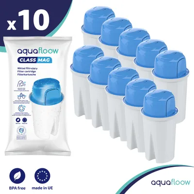 A package of Aquafloow Class Mag filter cartridges is shown next to a row of individual filter cartridges.