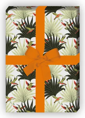 Produktbild von Tropisches Retro Geschenkpapier mit Palmwedeln & Kolibris, weiß  - G11585, 32 x 48cm