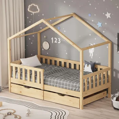 Produktbild von ML-Design Kinderbett Hausbett 80x160 cm Natur mit 2 Schubladen Holzbett mit Rausfallschutz Lattenrost und Dach, Spielbett aus Kiefernholz, Bodenbett