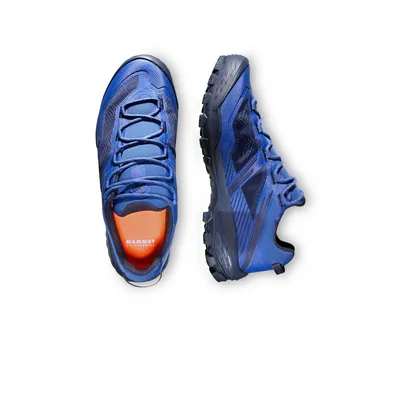 Trailrunning-Schuhe "Ducan II Low GTX Men" von Mammut in Blau mit grauen Akzenten und rutschfester Sohle.