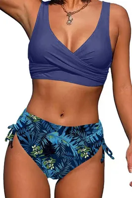 Produktbild von Damen Bikini-Set mit Hoher Taille und V-Ausschnitt in Blau