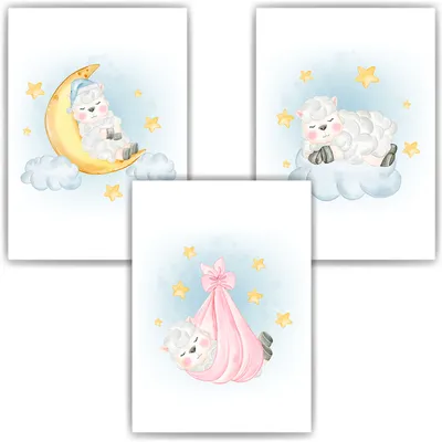Produktbild von 3er Set Poster Schaf Bilder für Kinderzimmer Babyzimmer Deko Kinderposter Babyparty – DIN A4 (21x29.7cm)
