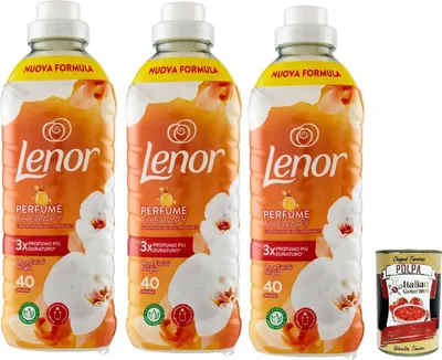 Produktbild von Lenor Weichspüler für 40 Waschgänge Gold und Vanilleblüten, bietet langanhaltende, 3x 840ml + Italian Gourmet polpa 400g
