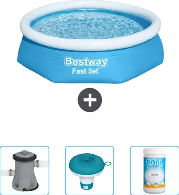 Produktbild von Bestway runder aufblasbarer Fast-Set-Pool – 244 x 61 cm – Blau – im Lieferumfang enthalten Pumpe - Chlorschwimmer - Chlor