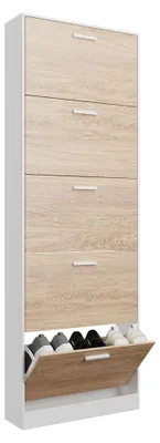 Image de CASABEL Meuble à Chaussures 15 paires, Format étroit, Gain de place, Portes Bois Clair et Cadre Blanc