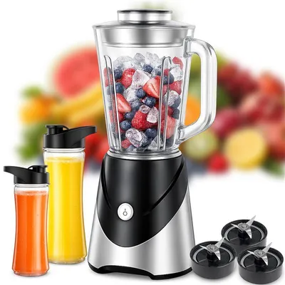 A blender with a glass pitcher filled with fruits and ice, accompanied by two travel bottles filled with juice, and spare blades. The background is blurred with images of fruits.