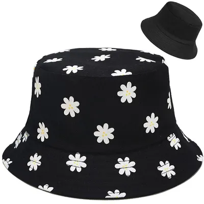 Zdjęcie produktu dla Czapka typu "Fischerhut" damska i dziewczęca, kwiatowa, czarna, bawełniana, obwód 56-58 cm
