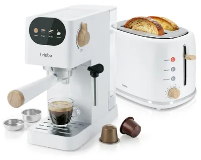 Produktbild von Briebe SKT1221WHT Nordic Set Kaffeemaschine 20 Bar Kapseln und Kaffee, Toaster 2 Breite Scheiben Weiß