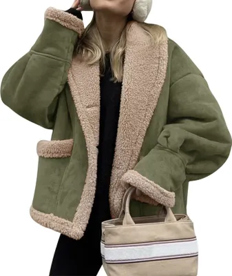 Obrázek produktu pro ASKSA Dámská nadměrná fleecová bunda Zimní bunda Sherpa podšívka Teplé tlačítko klopě krátká bunda Vintage Faux Suede kabát Puffer Jacket (zelená,L)