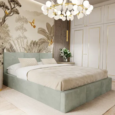 A bedroom scene featuring a bed, wardrobe, and decorative elements.