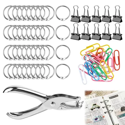 Productafbeelding van Set met 40 boekringen, perforator, paperclips en binderclips voor scrapbooking