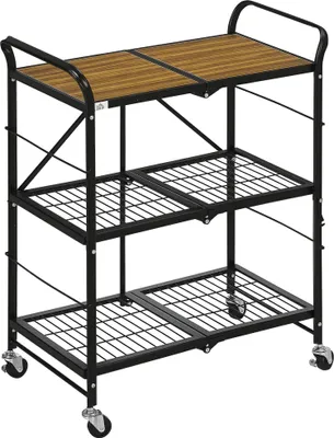 Produktbild von Küchenwagen im Industriedesign, mit 3 Regalen, Mehrzweckwagen, Servierwagen, 4 Räder, klappbar, Braun + Schwarz