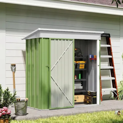 Immagine prodotto di Edificio tecnico in metallo con tetto a falda, dimensioni 162x92x182 cm, colore verde. Realizzato in acciaio zincato con struttura di base