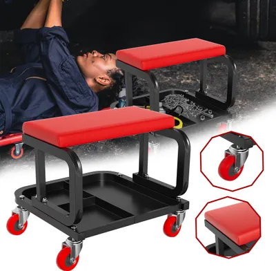 Obrázek produktu pro UISEBRT Pracovní stolička s 360° kolečky - Dílenská stolička s měkkým sedákem, policí a robustní konstrukcí, dílenská židle do garáže, do 150 kg
