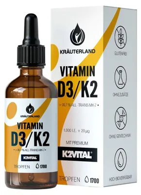 Produktbild von Kräuterland Vitamin D3 + K2 Tropfen 50ml (1700 Tropfen) K2VITAL® all-trans