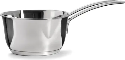 A stainless steel saucepan with a handle against a white background.