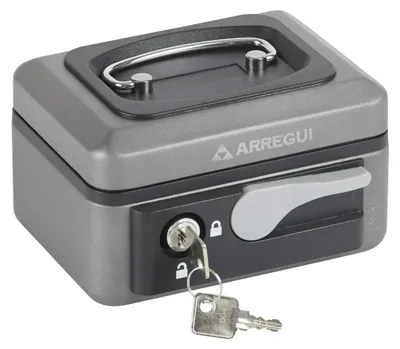 Produktbild von Stahl-Geldkassette | 15 cm breit | Verschließbarer Geldkasten mit Ablagefach | Grau