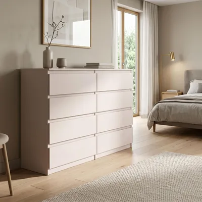 Produktbild von Masseno Kommode NUDO 138,5 cm Sideboard mit 8 Schubladen und  Türen für Wohnzimmer Schlafzimmer Modern 138,5x39x101,5 cm Kaschmir / Kaschmir