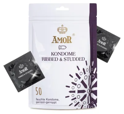 Produktbild von AMOR Premium Kondome Gerippt-Genoppt, 50 Stück, Ø 54 mm, Transparent