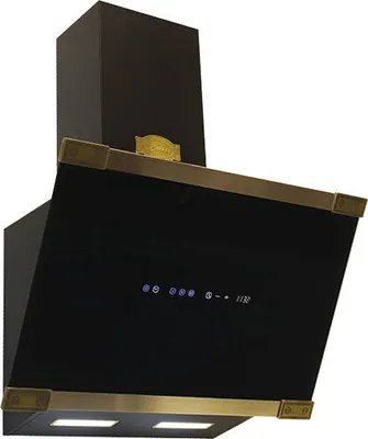 A black range hood with gold accents, shown against a white background.