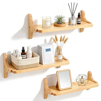 Zdjęcie produktu dla Omgoods - Zestaw 3 półek ściennych z naturalnego drewna sosnowego, 40 cm