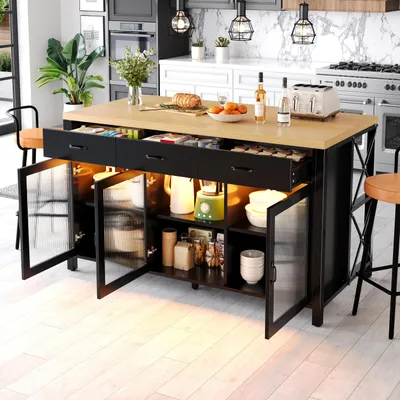 Produktbild von okwish Kücheninsel Bartisch mit 3 Glastüren und 3 Schubladen Sideboard Küchentisch mit LED Beleuchtung und Verstellbare Füße Viel Stauraum Schwarz