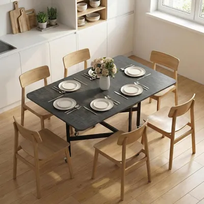 Produktbild von Klapptisch fahrbar 6 Rollen mit Bremsen, Esstisch klappbar Spanplatte Stahl, Schwarz | 120 x 80 x 73 cm | zusammengeklappt 26 cm | bis 6 Personen