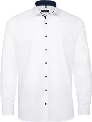 A white men's dress shirt with navy accents.