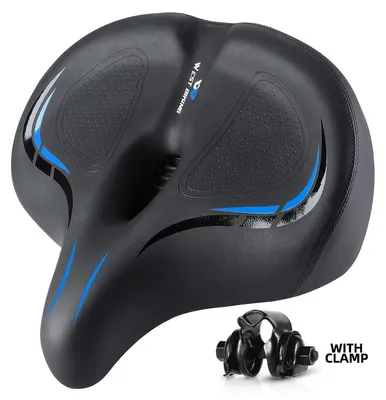 Image de Selle de vélo - Selle VTT - Large et ergonomique - Rembourrage en mousse haute élasticité épais - Double amortissement - Structure alvéolaire respirante - CuirPolyuréthane- Dimensions : 30x33x12 cm - Bleu