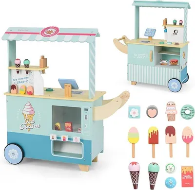 Imagen del producto de Carrito de helados para niños con juguete de helado, tienda de helados de madera que incluye máquina de helados, máquina expendedora, caja registradora y escáner. Tienda de comestibles con 15 accesorios, ideal para niños a partir de 3 años (verde)