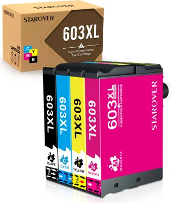 A product shot of four ink cartridges and their packaging.