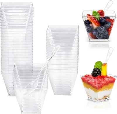 Produktbild von Dessertbecher 60ml Plastik Dessertschalen Set mit Löffeln 50 Stück