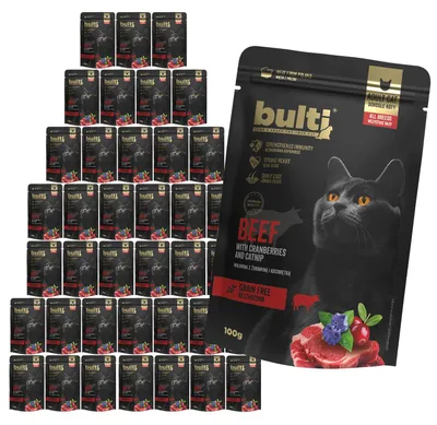 Produktbild von Bulti | Nassfutter für Katzen - Rindfleisch mit Preiselbeeren und Katzenminze - 40x100g - Getreidefrei - Superfood