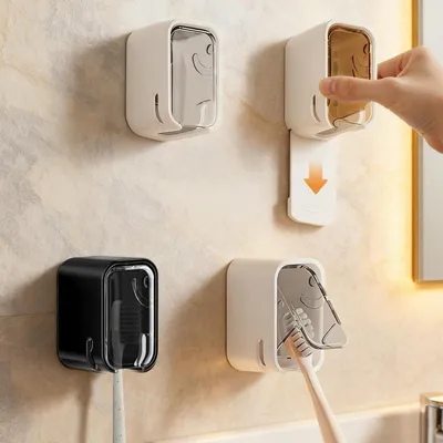 Immagine prodotto di Set di 4 portaspazzolini da parete, adesivi, con coperchio, antipolvere e impermeabili, ideali per il bagno e per i viaggi