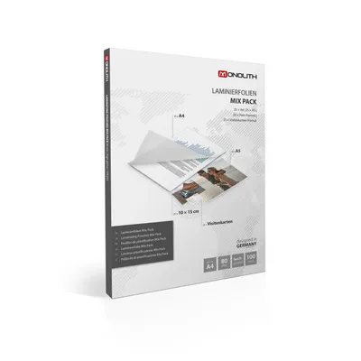 Immagine prodotto di Confezione mista di pellicole per laminazione Monolith - 4 diverse dimensioni - Trasparente - 80 micron (2 x 80) - Trasparente - 100 buste