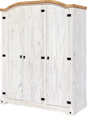 Produktbild von Möbilia Kleiderschrank | mit 3 Türen | Kiefer-Holz massiv | weiß lackiert, honigfarbige Deckplatte | B 150 x T 56 x H 188 cm | 19020046 | Serie SCHRANK